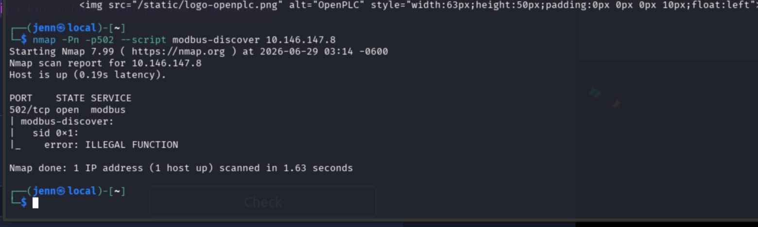 Nmap Modbus discovery showing Unit ID 1 responding